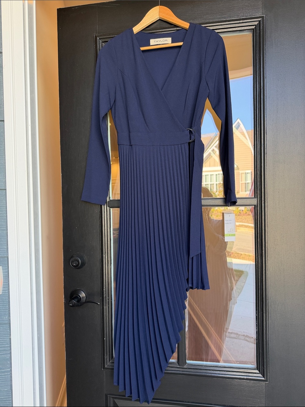 Taylor Navy Asymmetrical Pleated Wrap Dress with Ring Detail